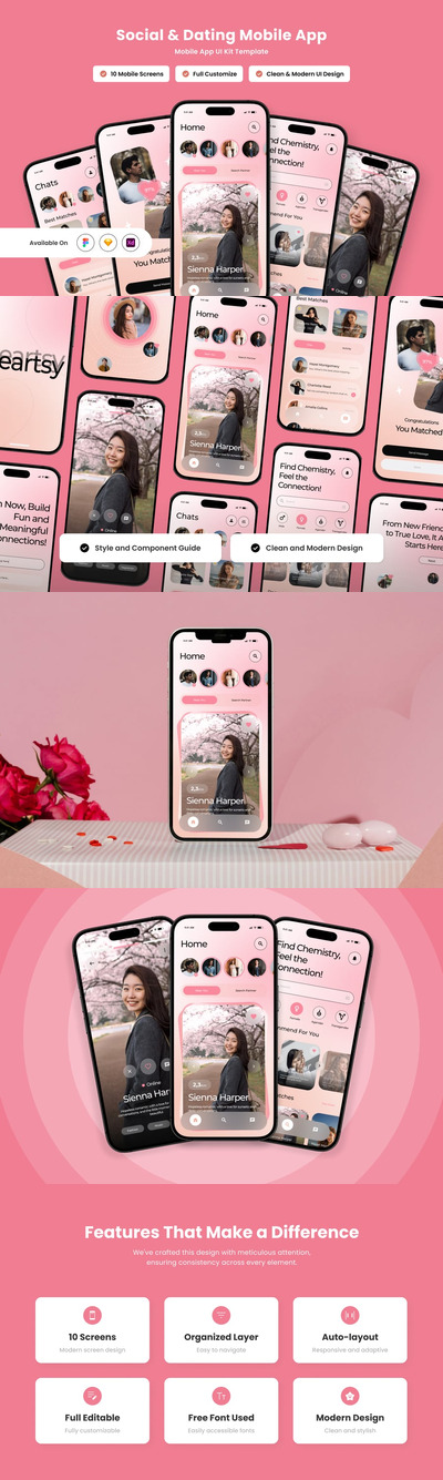 社交和约会移动应用APP UI KIT (FIG,SKETCH,XD)