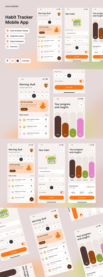 简约习惯追踪器移动应用APP UI KIT (FIG,SKETCH,XD)