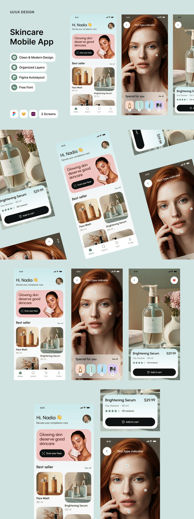 护肤品电商手机应用APP UI KIT (FIG,SKETCH,XD)