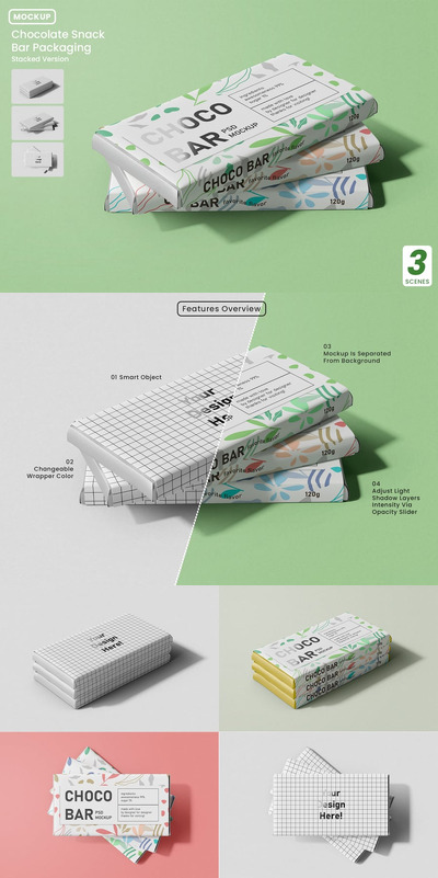 堆叠巧克力棒包装模型样机 (PSD)