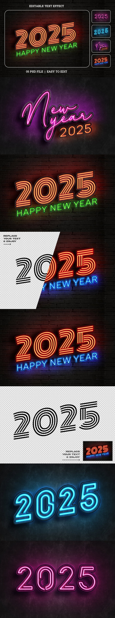 霓虹灯样式新年2025可编辑效果集 (PSD)