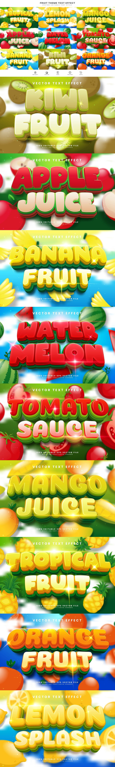 9包热带水果主题，可编辑的文本效果 (AI,EPS)