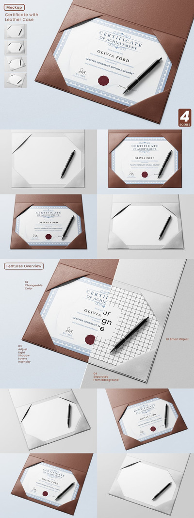 带皮革盒模型套件的证书样机 (PSD)