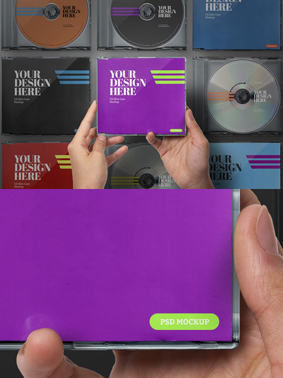 握着CD 包装盒子套装的手样机 (PSD)
