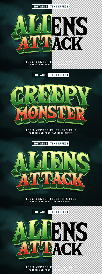 外星人攻击卡通文字 - 可编辑的文字效果 (AI,EPS)