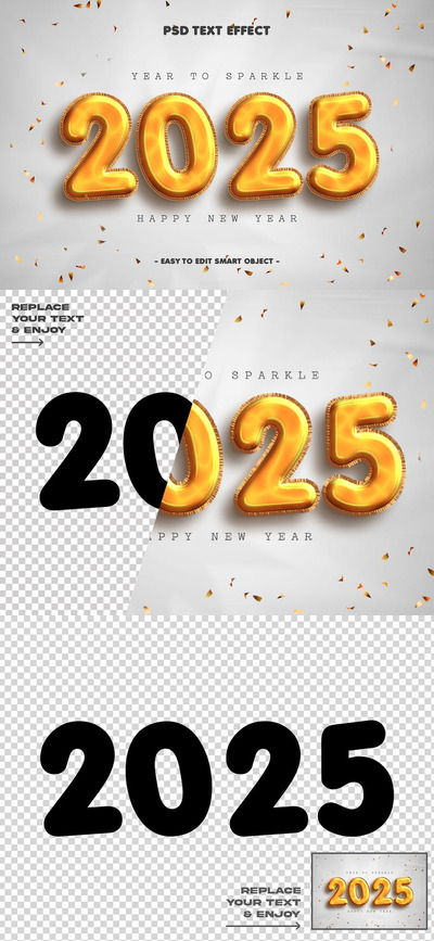 2025年新年金色气球样式文字效果 (PSD)