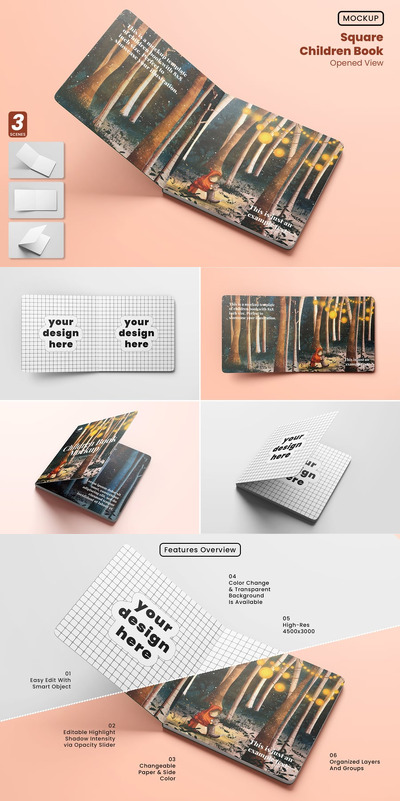 方形儿童书模型 - 开放的视图样机 (PSD)