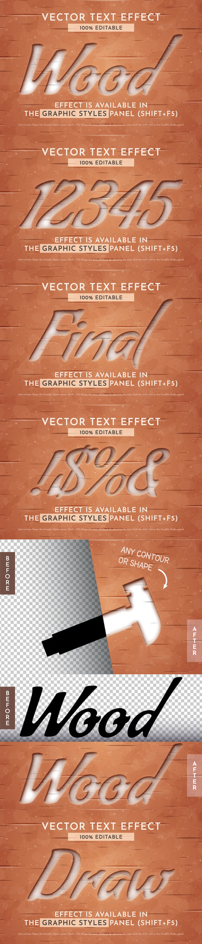 木雕可编辑的文本效果，图形样式 (AI,EPS)