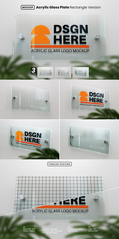丙烯酸玻璃铭牌模型公司LOGO墙 - 矩形版本样机 (PSD)