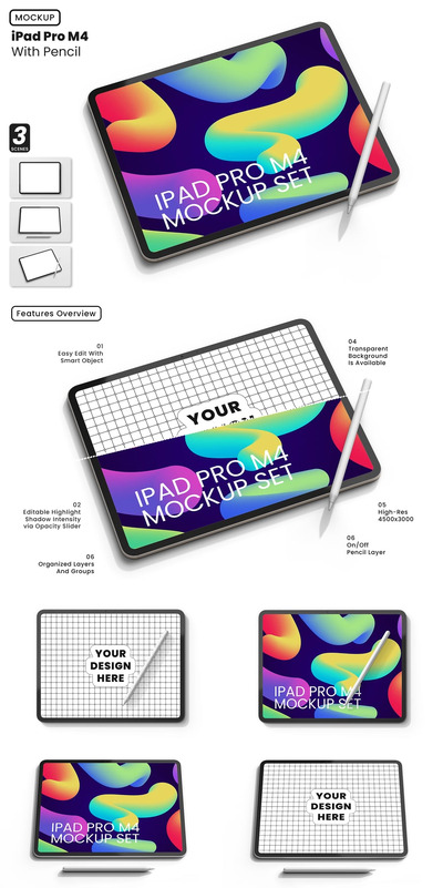 iPad Pro M4与触控笔模型样机 (PSD)