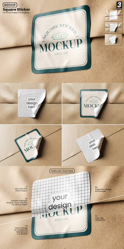 牛皮纸包装模型上的方形贴纸样机 (PSD)
