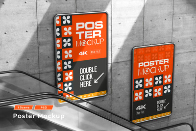 自动扶梯广告牌海报模型样机 (PSD)