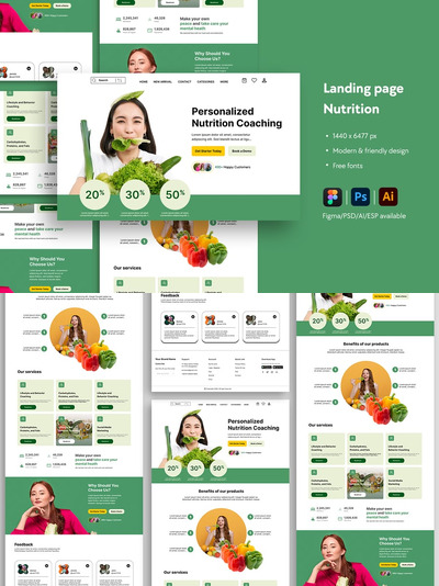 营养教练网站着陆页网页UI模板 (AI,EPS,FIG,PSD)