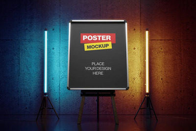 霓虹灯的黑暗房间的海报横幅样机 (PSD)
