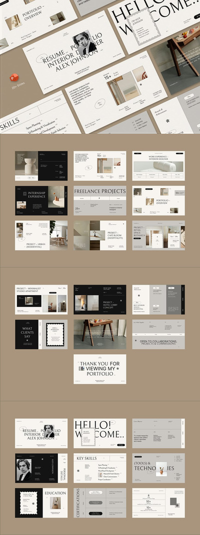 米色室内设计师简历和投资组合PPT模板 (PPT,PPTX)