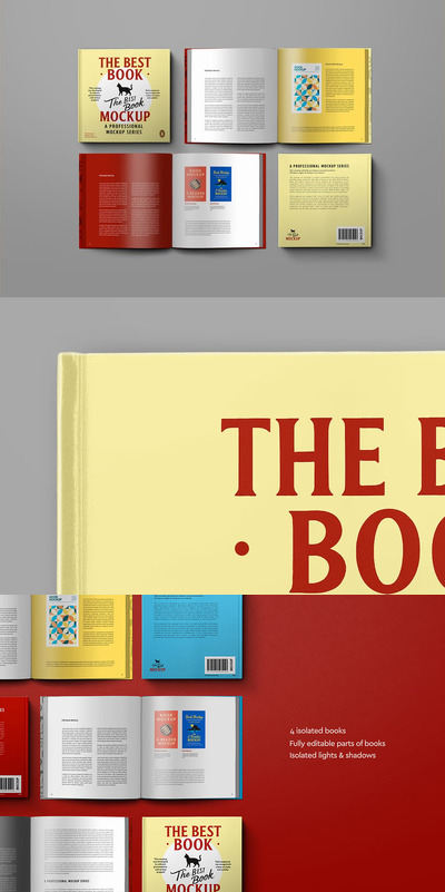 图书PSD模型 - 方形平台（4个场景）样机 (PSD)