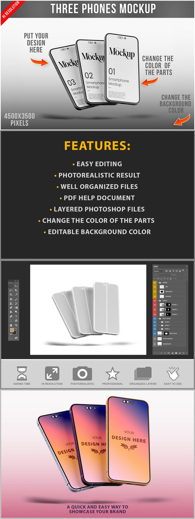三个手机样机模型样机 (PSD)