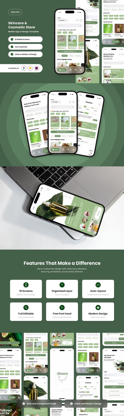 Glowra  - 化妆品商店应用APP UI KIT (FIG,SKETCH,XD)
