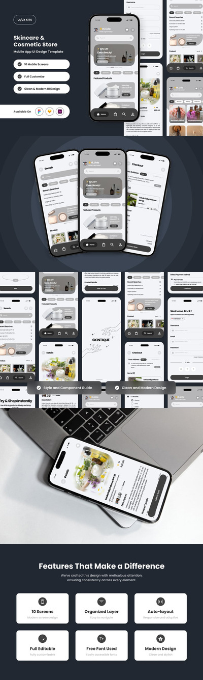护肤应用APP UI KIT (FIG,XD,SKETCH)
