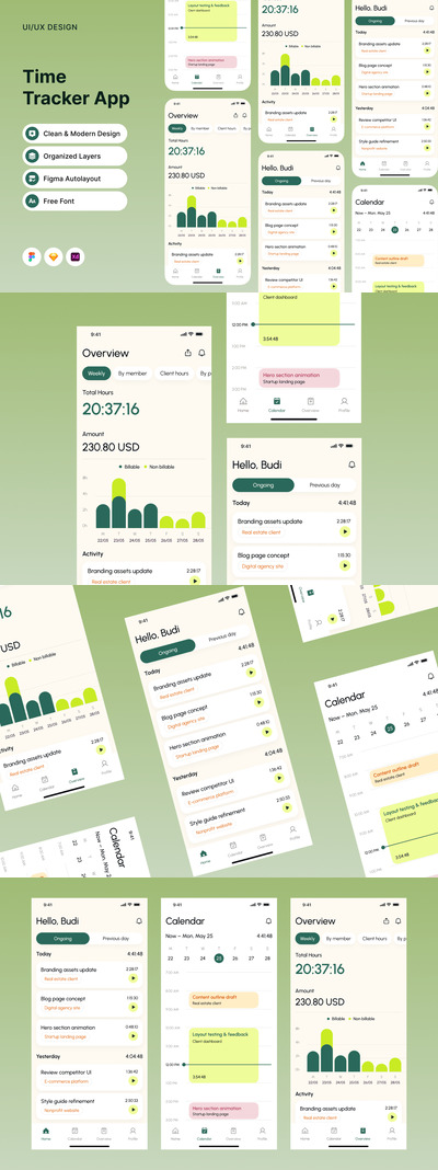 UI时间跟踪器应用APP UI KIT (FIG,SKETCH,XD)