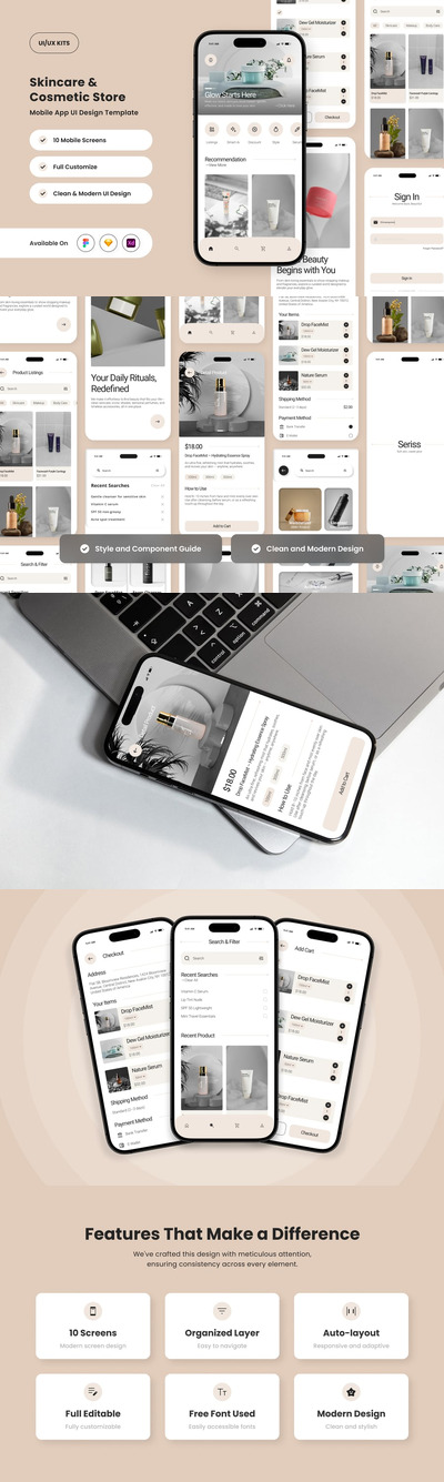 护肤和美容应用APP UI KIT (FIG,SKETCH,XD)