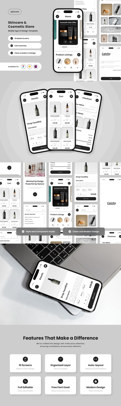 现代化妆品商店应用APP UI KIT (FIG,SKETCH,XD)
