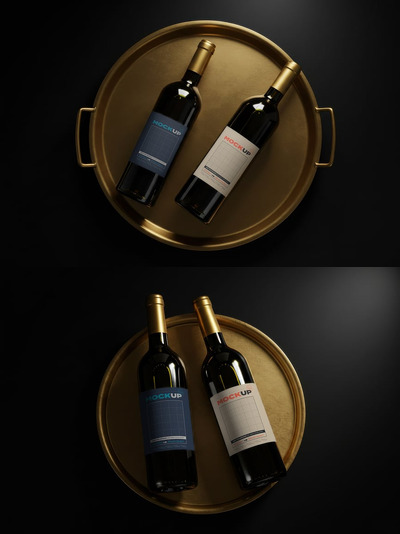 金牌标签模型上的葡萄酒瓶样机 (PSD)