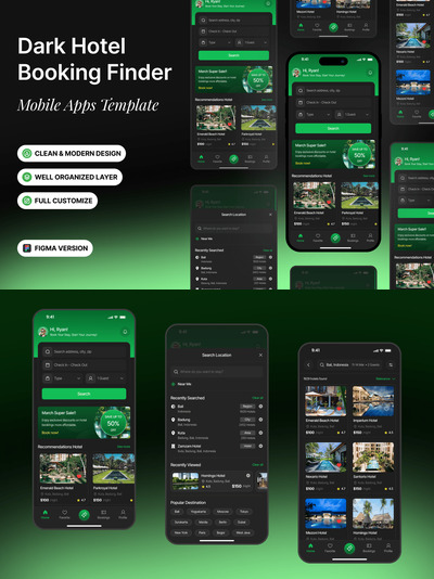 酒店预订Finder 移动应用（暗黑风格）APP UI KIT (FIG)