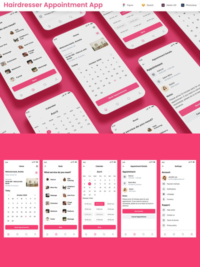 美发师预约沙龙预订时间表应用APP UI KIT (FIG,SKETCH,XD,SVG,PSD)