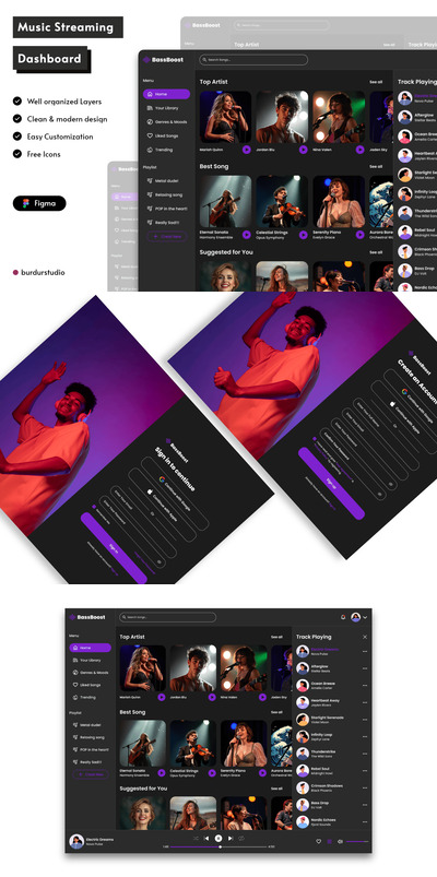 音乐流仪表板网页模板 (FIG)
