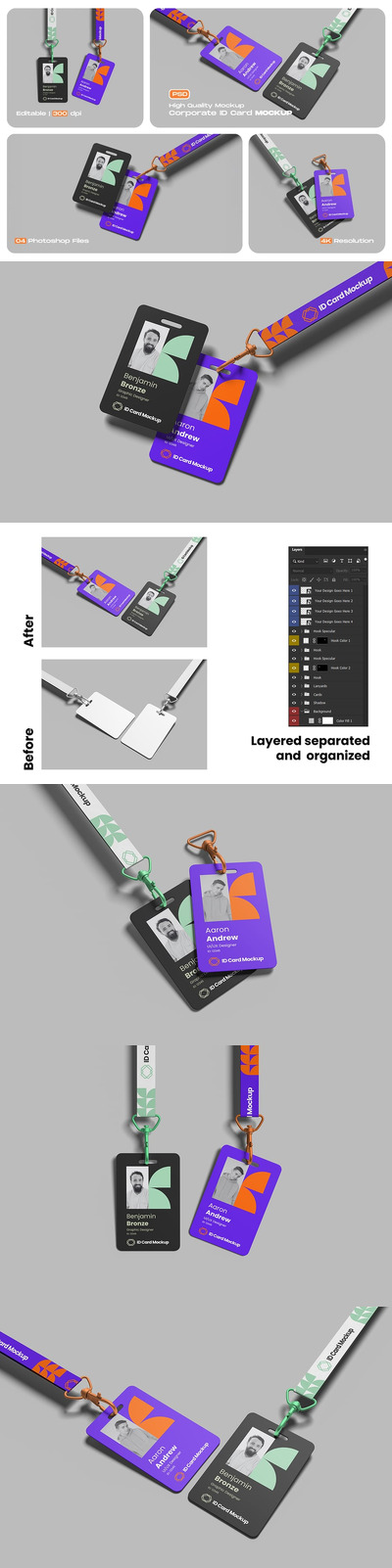 企业ID卡（工牌）模型带有干净的背景样机 (PSD)