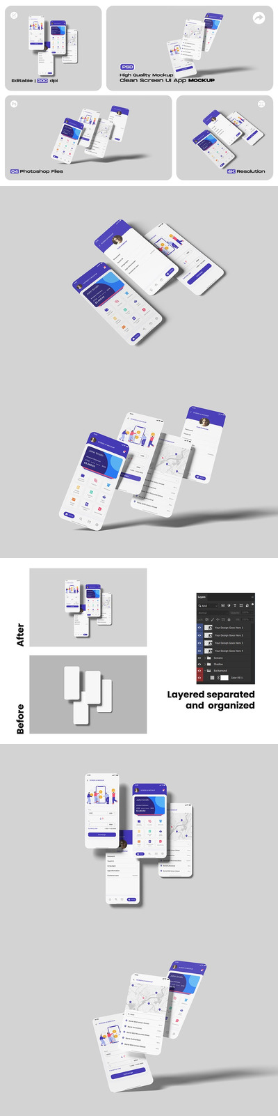 屏幕UI应用程序模型带有干净的背景样机 (PSD)