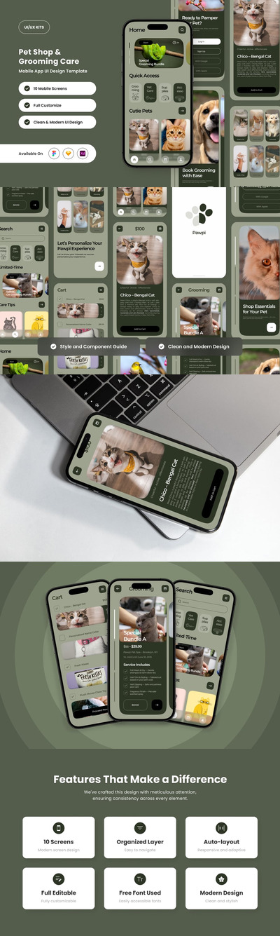 宠物美容和商店应用APP UI KIT (FIG,SKETCH,XD)