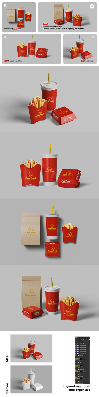 带有干净背景的快餐包装模型样机 (PSD)