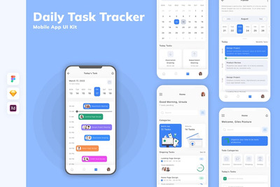 每日任务跟踪器移动应用APP UI KIT (SKETCH,FIG,XD)