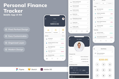 个人理财跟踪器移动应用APP UI KIT (SKETCH,FIG,XD)