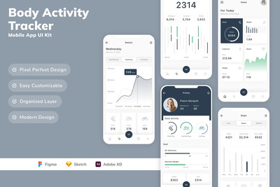 身体运动跟踪器移动应用APP UI kit (SKETCH,FIG,XD)