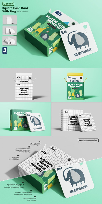 带包装盒模型集的方形儿童记忆卡样机 (PSD)