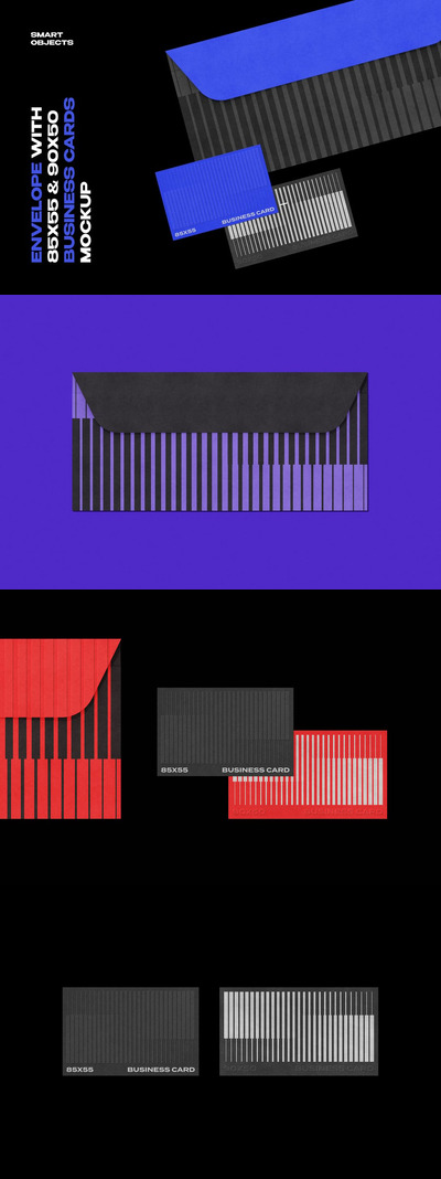 带有85x55和90x50名片的信封模型样机 (PSD)