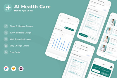 AI医疗保健移动应用APP UI KIT (SKETCH,FIG,XD)