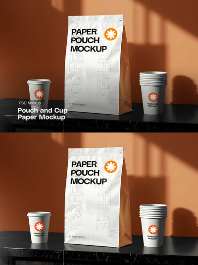 纸袋和杯子 - 模型样机 (PSD)