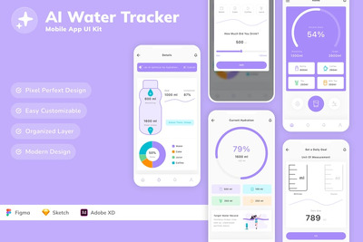AI水跟踪器移动应用APP UI KIT (SKETCH,FIG,XD)
