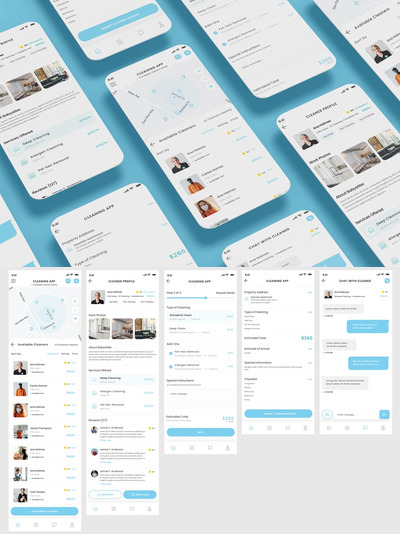 家庭清洁，清洁预订和管家应用APP UI KIT (FIG,SKETCH,SVG,XD,PSD)