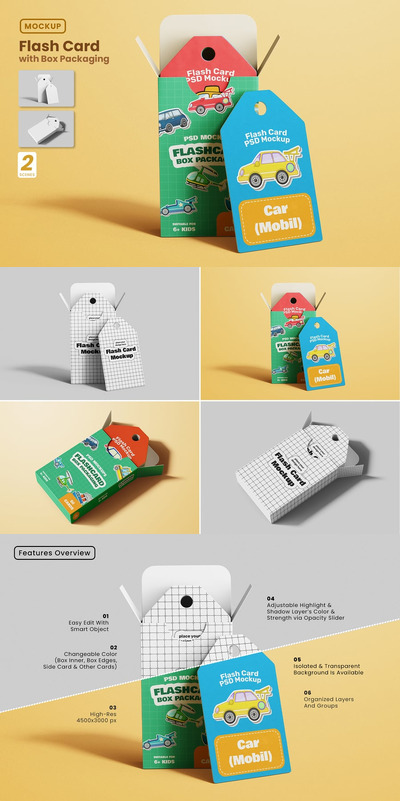 带包装盒模型的主题插图卡片设计样机 (PSD)