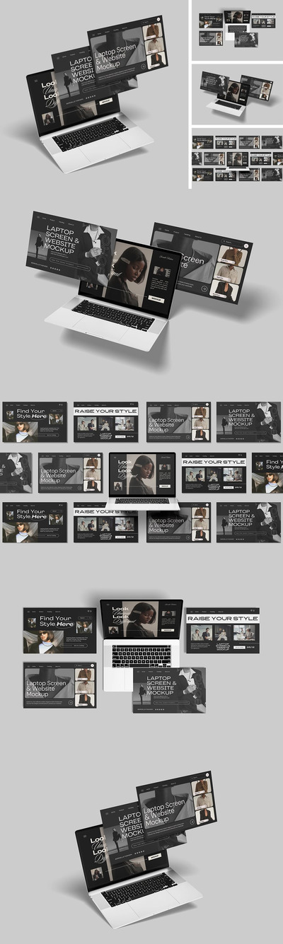 笔记本电脑屏幕和网站模型样机 (PSD,PDF)