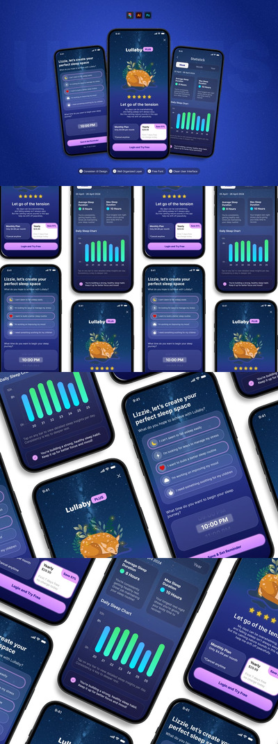睡眠冥想 - 移动应用APP UI KIT (AI,EPS,FIG,PSD)