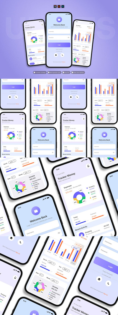 货币追踪器 - 移动应用APP UI KIT (AI,EPS,PSD,FIG)