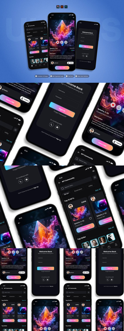 NFT市场 - 移动应用APP UI KIT (AI,EPS,PSD,FIG)