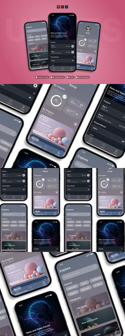 冥想 - 移动应用APP UI KIT (AI,EPS,PSD,FIG)