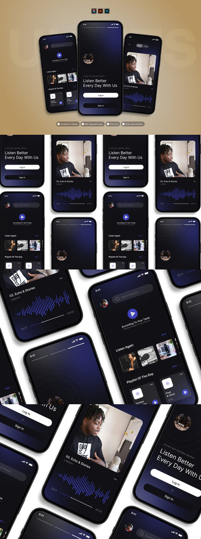 个人音乐移动应用APP UI KIT (AI,EPS,PSD,FIG)